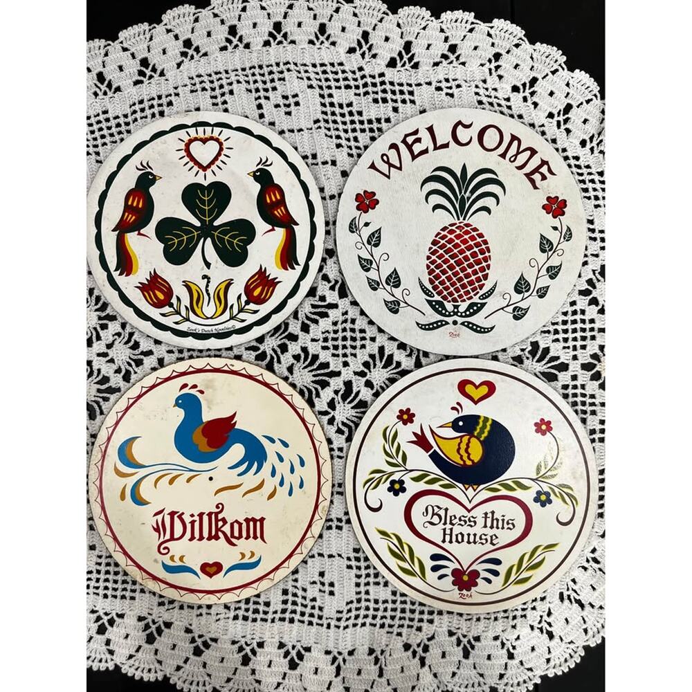 🪵✨ Vintage Dutch Folk Art Wall Plaques Set of 4 ✨🪵